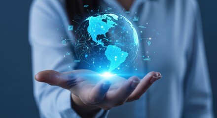 A person holding a glowing blue globe with digital icons hovering around it in their outstretched hand