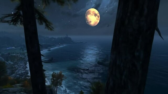 Eerie moon illuminates seaside wilderness landscape at night
