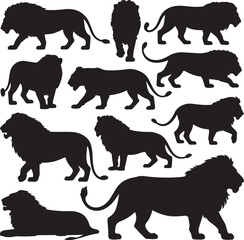 Obraz premium Majestic Lion Head SilhouetteRoaring Lion Vector DesignLion Walking Silhouette SceneLion’s Mane Detailed SilhouetteProud Lion Standing Vector Art