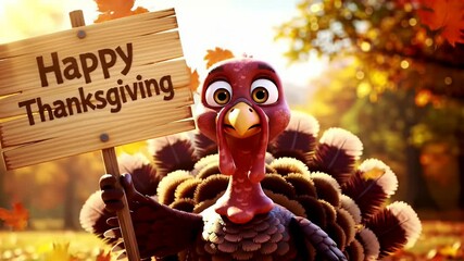Cartoon turkey with happy thanksgiving sign in autumn scene graphic design holiday image - Powered by Adobe