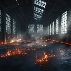 Fototapeta premium Industrial hangar interior ablaze