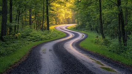 Fototapeta premium Winding Asphalt Road Through Lush Green Forest with Dappled Sunlight Creates Serene Ambiance