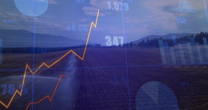 Flat design grid appearing, charts animating over field, lines zigzagging upward showing yield rise - Powered by Adobe