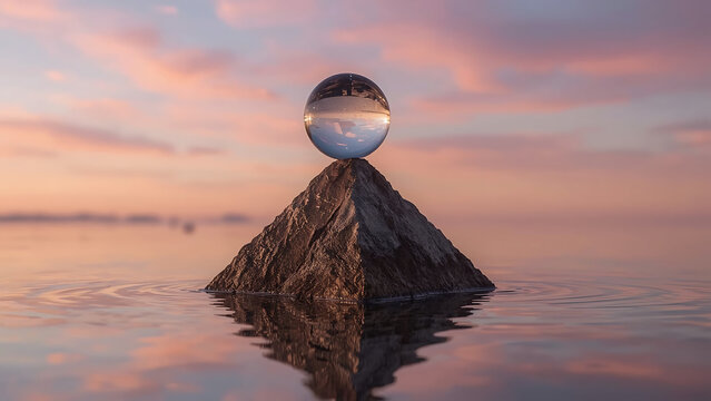 Glass sphere balancing on rock over tranquil water.