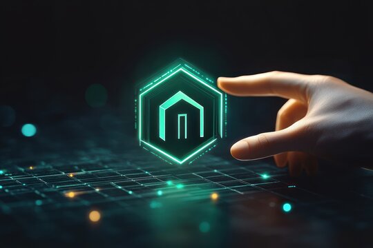 Human hand reaching towards glowing hexagonal digital icon with home symbol on dark technological background