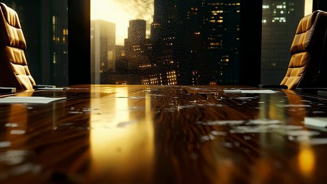 Dramatic boardroom scene with cityscape view and scattered papers, cinematic lighting