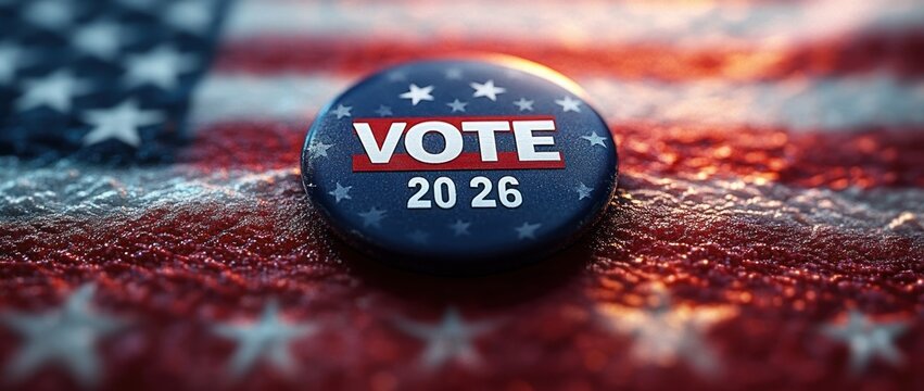 Close-up of a patriotic voting button with the year 2025 on an American flag background under warm sunlight