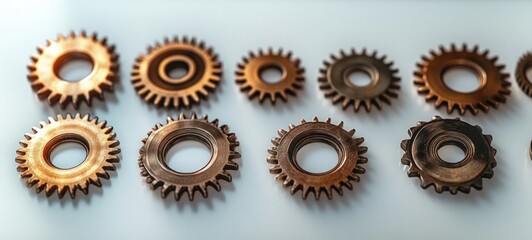 Row of various sized metallic gears with teeth neatly arranged on a light surface creating an industrial and mechanical feel