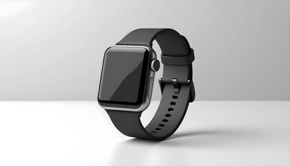 Elegant Smartwatch with Black Band Isolated on White Surface, Close-up Shot