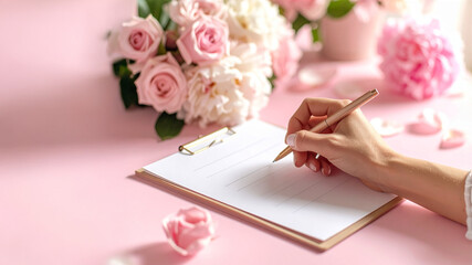 A hand writes on a clipboard placed on a pink surface surrounded by roses and peonies. The soft color palette, floral accents, and tidy arrangement suggest gentle creativity and personal expression.