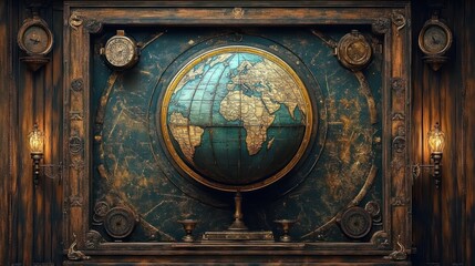 Antique globe showcasing Africa and Europe surrounded by vintage gauges and warm lighting in a rustic wooden frame evoking a historical and exploratory atmosphere
