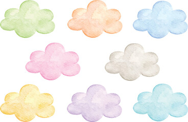 Cute Watercolor Clouds Clipart Set in Pastel Colors for  Nursery and Baby Design Isolated on White Background


