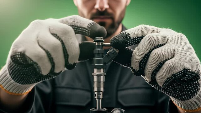 Close up automotive mechanic working on fuel injector detailed view