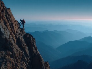 Rock Climber Ascending Mountain Cliff with Red Backpack against Distant Purple Peaks