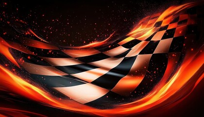 Dynamic checkered racing flag engulfed in fiery flames with glowing sparks against a dark background conveying intense energy and speed