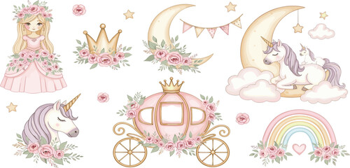 Watercolor illustrations of a princess and unicorn surrounded by Flowers. drawing in pastel pink colors with crown and carriage for kids birthday greeting cards or baby showers invitations.