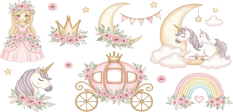 Watercolor illustrations of a princess and unicorn surrounded by Flowers. drawing in pastel pink colors with crown and carriage for kids birthday greeting cards or baby showers invitations.