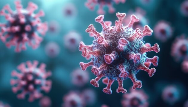 Close-up 3D illustration of virus particles with spike proteins glowing in red and blue against a blurred background