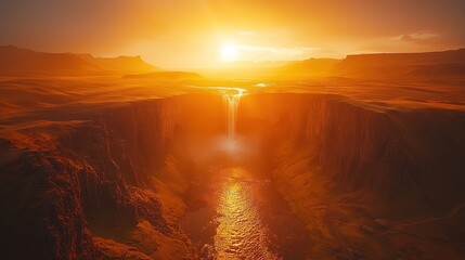 An aerial view of a waterfall plunging into a canyon, bathed in golden glow from the setting sun, creating a vast and majestic natural landscape. Breathtaking aerial perspective of cascading waters,