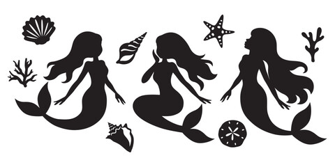 Mermaids and seashells silhouette vector illustration in various poses.