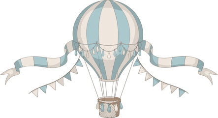 Watercolor hot Air Balloon with garlands, clouds and stars. Hand drawn Baby illustration of vintage aircraft in pastel blue end beige colors. Cute drawing for newborn shower or kid birthday.