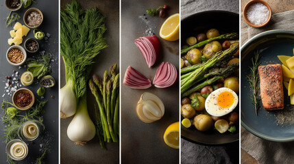 A vibrant collage of fresh ingredients and cooked dishes including spices, fennel, asparagus, onions, potatoes with egg, and a plated salmon meal.