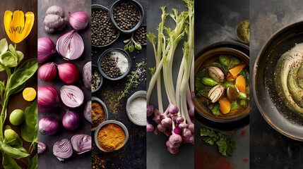 A vibrant collage of fresh ingredients including flowers, red onions, spices, garlic, a stew, and a bowl of soup artfully arranged on dark surfaces.