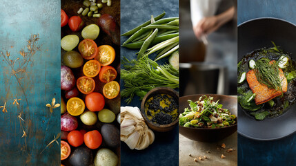 A vertical collage of vibrant fresh vegetables, herbs, and gourmet dishes showcasing colorful culinary ingredients and gourmet food preparation.