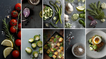 Fresh vegetables, herbs, and a prepared dish are artfully arranged on a dark surface, highlighting vibrant colors and natural textures.