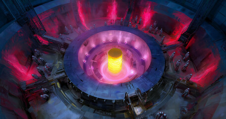 A futuristic energy core glows with purple and yellow light inside a high-tech circular chamber, surrounded by machinery and scientists in a sci-fi setting.