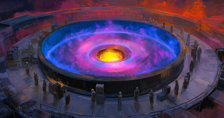 A futuristic circular arena with vibrant blue and orange flames surrounded by people observing from the edges under a dramatic, fiery sky.
