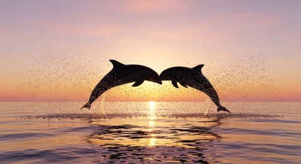 Fototapeta premium Two dolphins leaping out of the water at sunset with a golden sky reflecting on the ocean surface