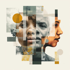 A digital collage blending three diverse faces with abstract geometric shapes in muted tones, symbolizing unity and complexity of human identity.