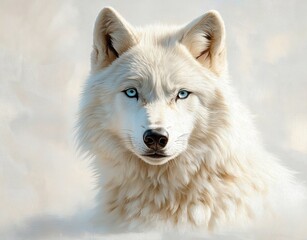 Fototapeta premium Close-up of a white wolf with piercing blue eyes and thick fur looking directly forward with a calm and intense expression
