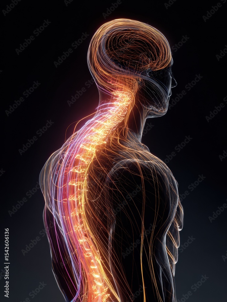 Poster Energy Lines Tracing Along the Spine to the Brain With Dynamic Light Representation in a Dark Background