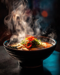 A steaming hot bowl of ramen with noodles, sliced vegetables, and red chili, emitting aromatic steam against a dark background.