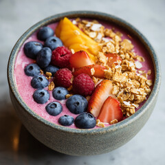 A vibrant smoothie bowl topped with fresh blueberries, raspberries, strawberries, mango slices, and crunchy granola in a rustic ceramic bowl.