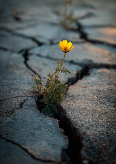 A solitary yellow flower blooms through a deep crack in dry, cracked earth, symbolizing resilience and hope amid harsh conditions.