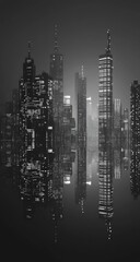 Dark, futuristic city reflected in water