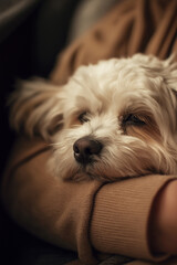 A small, fluffy white dog rests peacefully on a person's arm, embodying comfort and companionship in a warm, cozy setting.