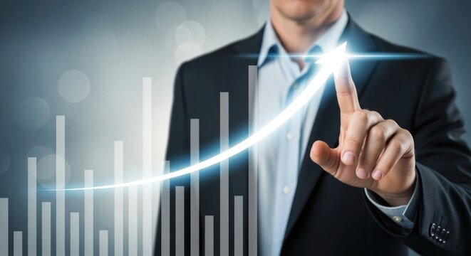 A businessman pointing at an upward trending graph representing business growth and financial success