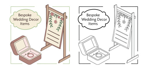 Elegant bespoke wedding decor elements featuring sign display and ring box for special event celebrations.