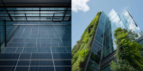 A glass building with solar panels and lush green plants climbing its walls under a blue sky.