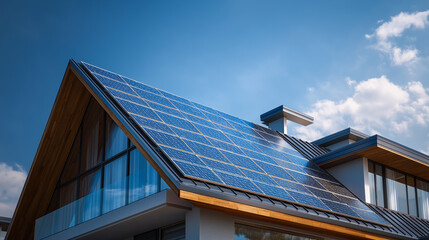 Solar panels installed on a modern house roof under a partly cloudy blue sky.