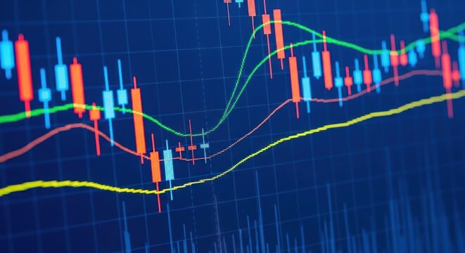 A close up view of a stock market chart with red and blue bars and colored lines on a dark blue background