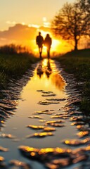 Fototapeta premium Golden sunset path reflection. Two figures walk a muddy path reflecting in a puddle