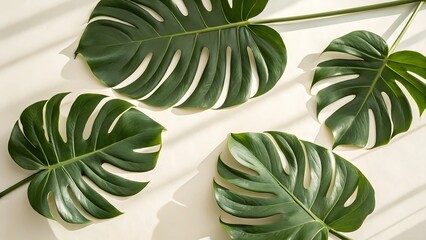 Fototapeta premium Monstera Deliciosa Tropical Green Leaves Flat Lay on Light Background with Natural Shadows, Minimalist Botanical Plant Composition for Branding, Packaging, and Product Design