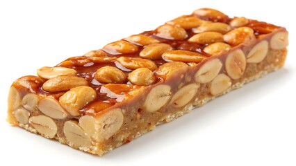 A close up shot of a peanut bar with caramel on a white surface