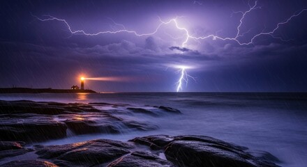 A lighthouse shines amidst a dramatic lightning storm over the ocean with rocks in the foreground view