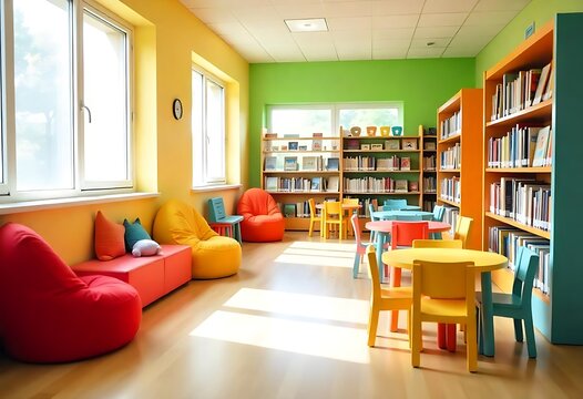 Generative AI image depicting a brightly colored modern library for children